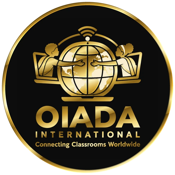 Oiada International logo: two students reaching across a globe between laptops, connected by a wireless signal