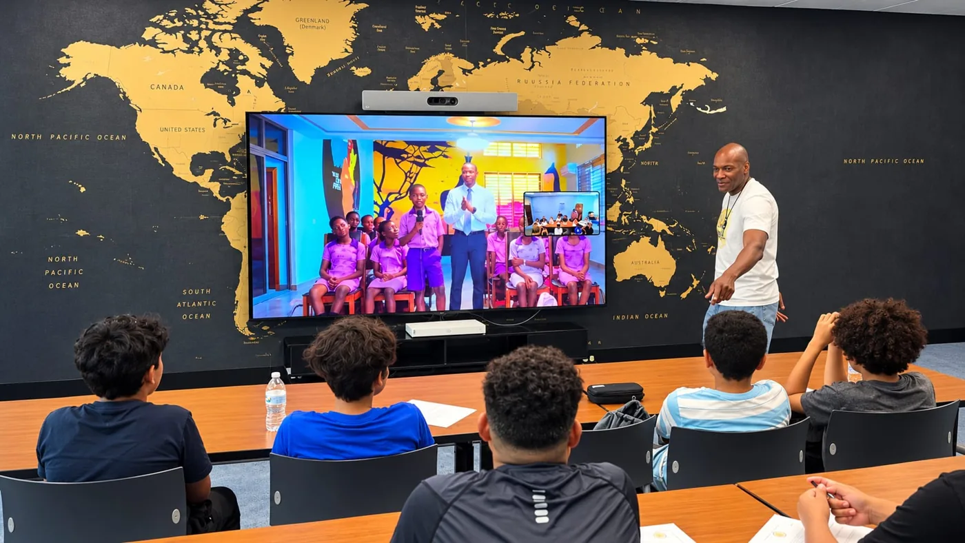 Students at the New Jersey hub connecting live with a classroom in Ghana
