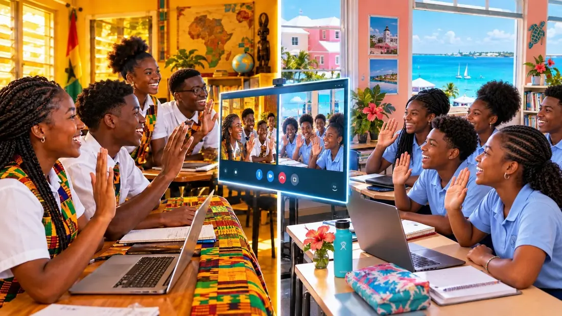 Students in Ghana and Bermuda wave to each other over a live video call